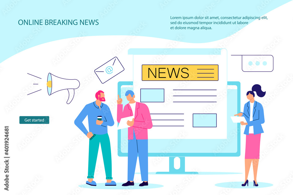 Landing webpage template of Online Breaking News in Modern electronic devices. Business people reading concept isolated on purple. Flat line Art Vector Illustration