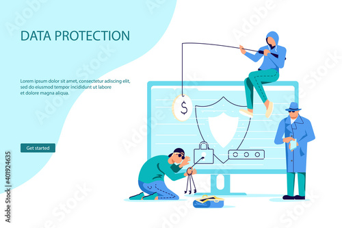 Landing webpage template of cyber attack and phishing scam. Digital thiefs steals money or password, private personal data, credentials from an electronic account. Flat Art Vector Illustration
