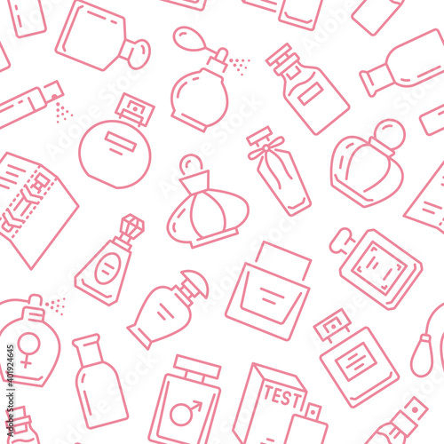 Perfume bottles seamless pattern with line icons. Vector background illustration included icon as glass sprayer, luxury parfum sampler, essential oil, cologne pink white wallpaper for cosmetic store