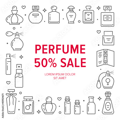 Perfume bottles poster with thin line icons. Vector horizontal illustration included icon glass sprayer, luxury parfum sampler, essential oil outline pictogram for cosmetic store flyer, brochure