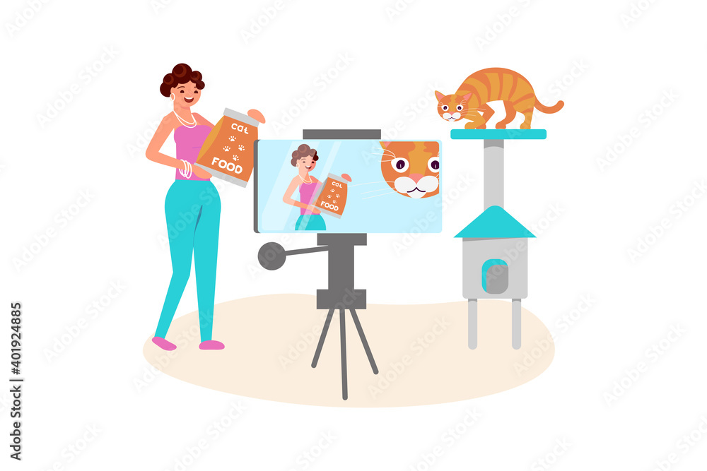 Cat owner woman taking a broadcast for social media network vector illustration. Female vlogger makes a live streaming. Cat owner woman taking a broadcast for social media network vector illustration. Female vlogger makes a live streaming.