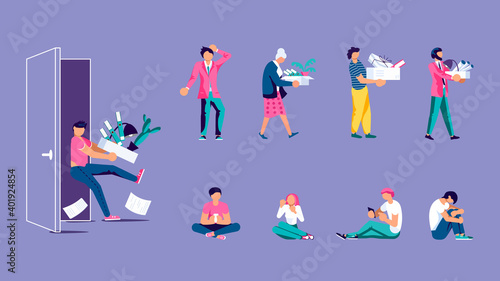 Dismissed business peole isolated set. Man and woman characters holding box with things. Unemployment, crisis and jobless vector illustration.