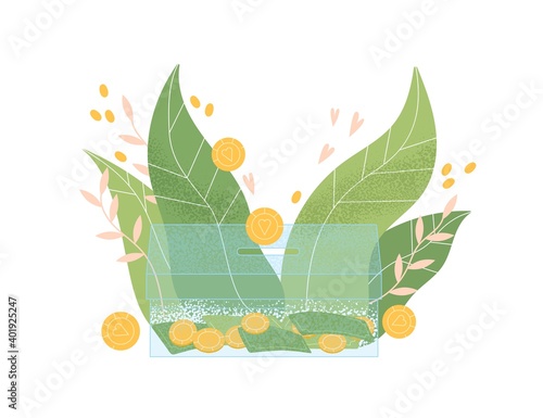 Glass money box for cash and coins vector flat illustration. Storage for social support, savings or investment isolated. Concept of charity, donation and financial endowment