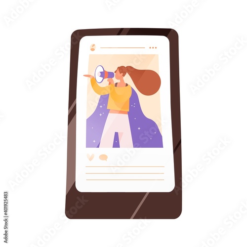 Screen of smartphone with a social network post of woman activist vector flat illustration. Internet advertisement in social media with female influencer isolated. Promotion campaign in blog