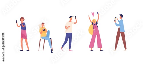 Set of young people using smartphone and tablet vector flat illustration. Collection of trendy teenagers surfing internet, watching video, taking selfie, having a video call isolated on white