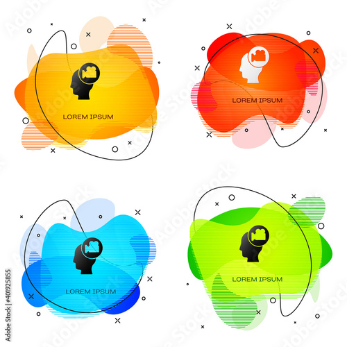 Black Head with camera icon isolated on white background. Video camera. Movie sign. Film projector. Abstract banner with liquid shapes. Vector.