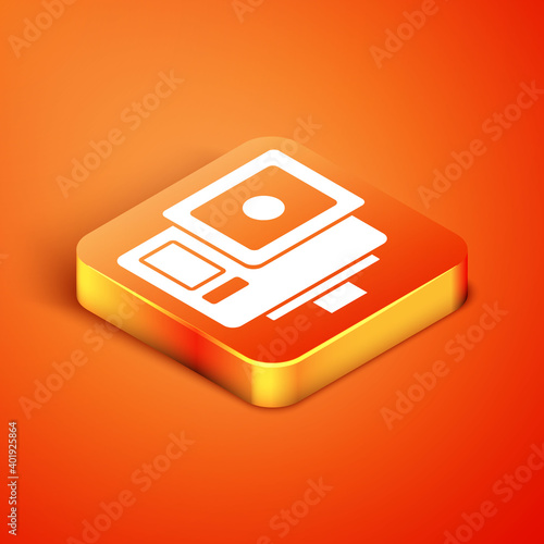 Isometric Action extreme camera icon isolated on orange background. Video camera equipment for filming extreme sports. Vector.