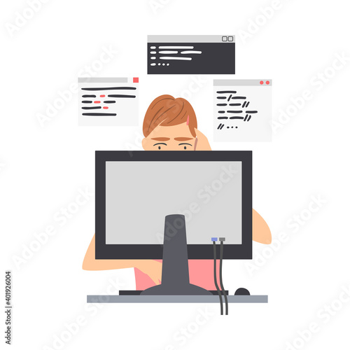 Man Web Developer or Programmer Working In Front of Computer Screen Vector Illustration