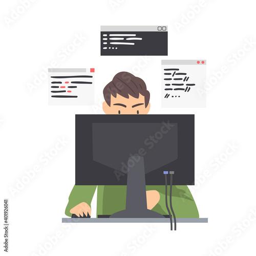Man Web Developer or Programmer Working In Front of Computer Screen Vector Illustration