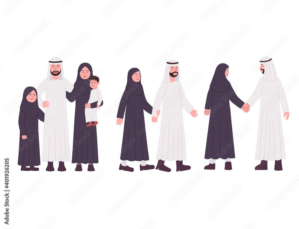 Group of Arabian Family Couple Flat Illustration Cartoon