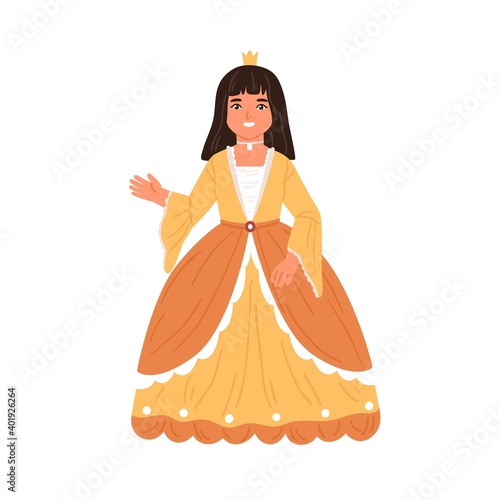 Cute fairytale princess waving hand. Little girl dressed in poufy gown like queen for costumed carnival, kids party, royal ball or theatrical play. Flat vector illustration isolated on white