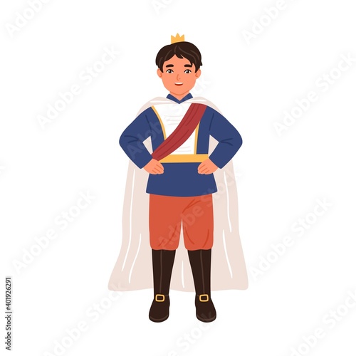 Cute prince with crown and in cloak isolated on white background. Little boy ...