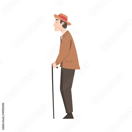 Side View of Elderly Man with Walking Cane Standing and Waiting Cartoon Style Vector Illustration