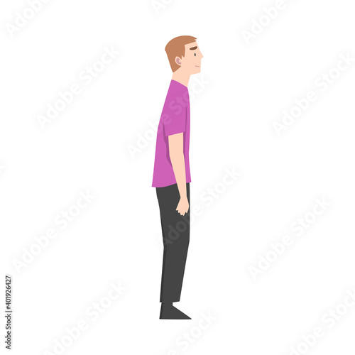 Young Man Wearing Casual Clothes Standing and Waiting, Side View Cartoon Style Vector Illustration