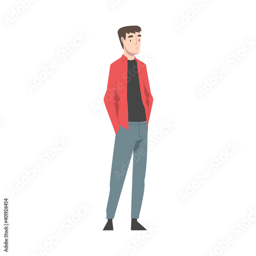 Young Man Wearing Casual Clothes Standing with Hands in his Pockets and Waiting Cartoon Style Vector Illustration