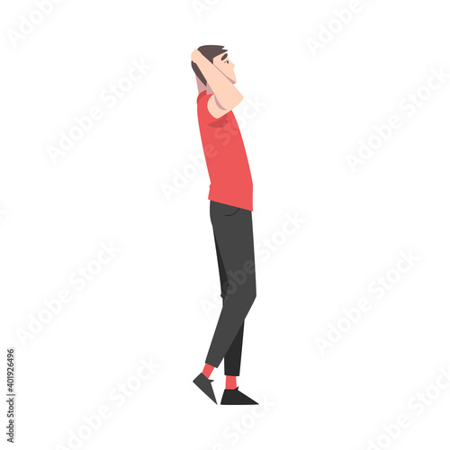 Young Man Wearing Casual Clothes Standing Holding Head with his Hands and Waiting, Side View Cartoon Style Vector Illustration