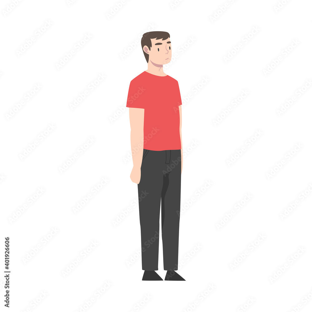 Young Man Wearing Casual Clothes Standing and Waiting Cartoon Style Vector Illustration