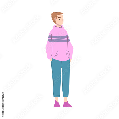 Young Woman with Short Haircut Wearing Fashionable Clothes Standing and Waiting Cartoon Style Vector Illustration
