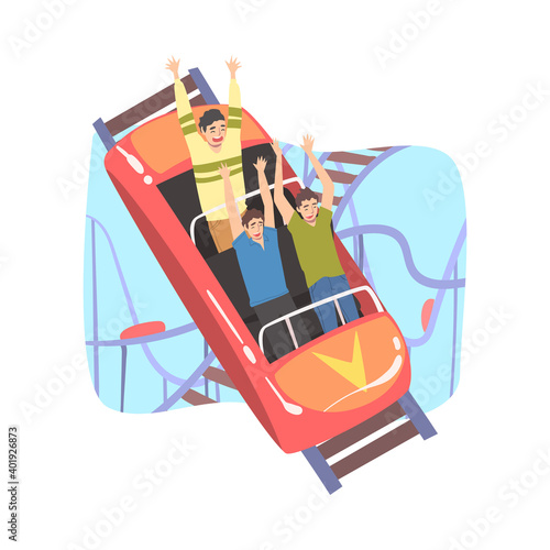 People Having Fun in Roller Coaster, Excited Male Friends Riding Small Fast Open Car in Amusement Park Cartoon Style Vector Illustration