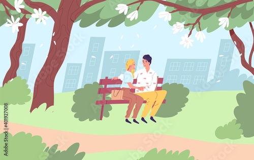 Happy couple sitting on bench in city park during romantic date in spring. Young man and woman holding hands spending time outdoor together. Two lovers hugging and talking. Flat vector illustration