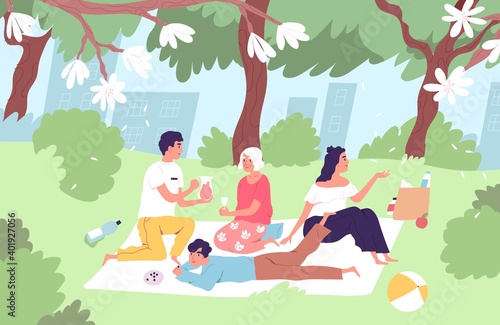 Happy family relaxing on picnic blanket in city park in summer. Old granny, mom, dad and son spending leisure time together outdoors. People enjoying summertime in nature. Flat vector illustration © Good Studio