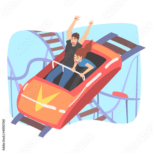 Couple Having Fun in Roller Coaster, Top View of Excited Young People Riding Small Red Fast Open Car in Amusement Park Cartoon Style Vector Illustration