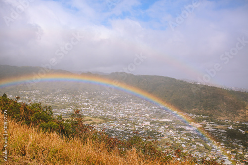  Rainbow over Manoa valley, Tantalus lookout, Honolulu, Oahu, Hawaii