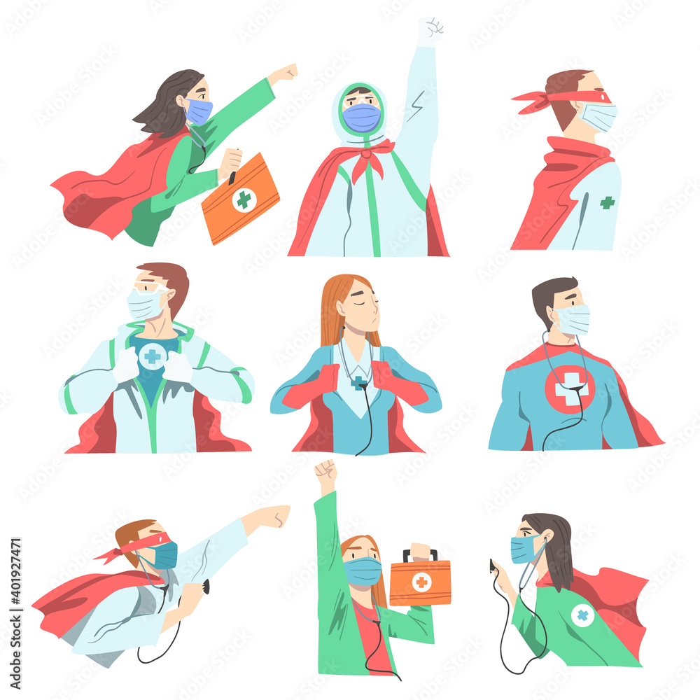 Doctors Superheroes Wearing Waving Capes and Medical Masks Set, Confident Doctors Fighting Against Viruses, Healthcare and Safety Concept Cartoon Style Vector Illustration