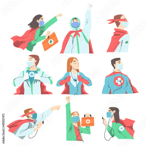 Doctors Superheroes Wearing Waving Capes and Medical Masks Set, Confident Doctors Fighting Against Viruses, Healthcare and Safety Concept Cartoon Style Vector Illustration