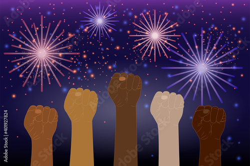 Raised hands in a fist on the background of fireworks, holiday. A protest demonstration.A symbol of justice and equality, human rights, feminism, diversity and inclusivity concept . Black lives matter