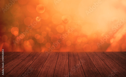 Empty brown wooden table with Blurred nature background. Natural Grunge Table Counter for Product Display. Old Wood texture, nature bokeh, 