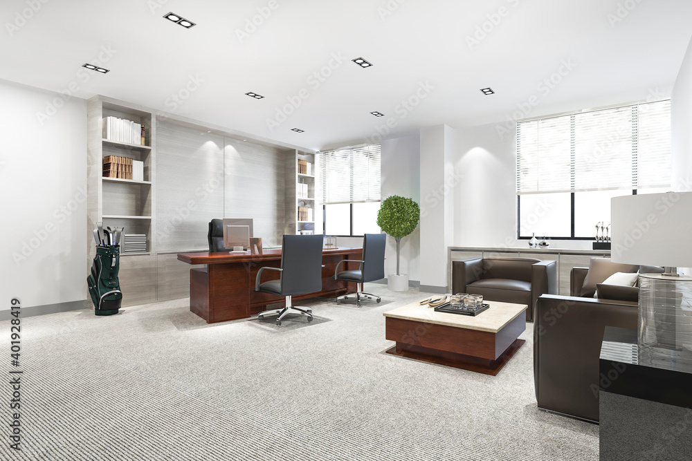 3d rendering luxury business meeting and working room in executive office - obrazy, fototapety, plakaty 