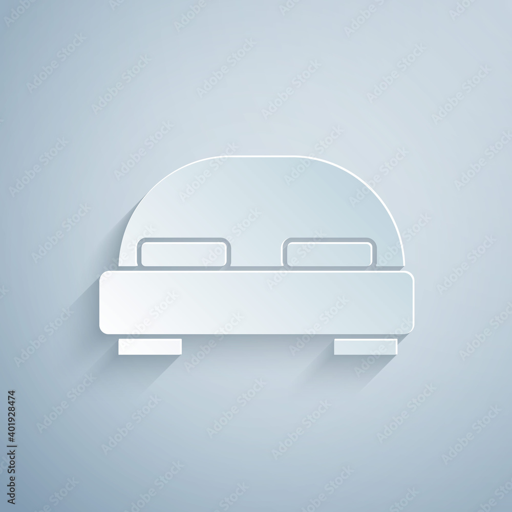 Paper cut Big bed for two or one person icon isolated on grey background. Paper art style. Vector. Paper cut Big bed for two or one person icon isolated on grey background. Paper art style. Vector.