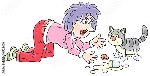 Merry young woman with bright dyed hair feeding and playing with a funny fat striped cat, vector cartoon illustration isolated on a white background