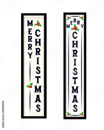 Merry Christmas vertical porch sign. Vector. Hand lettering