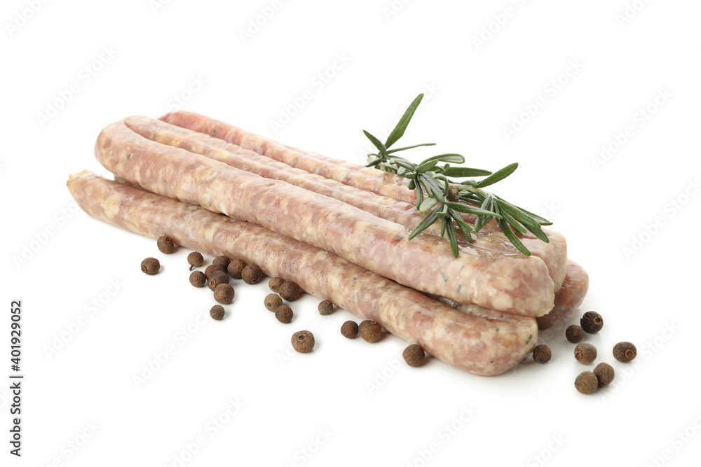 Tasty raw sausages with herb and spices isolated on white background