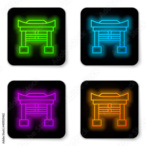 Glowing neon line Japan Gate icon isolated on white background. Torii gate sign. Japanese traditional classic gate symbol. Black square button. Vector Illustration.