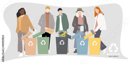 Set of happy men and women practicing garbage collection, sorting and recycling. Flat cartoon vector illustration.