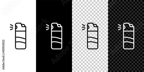 Set line Pepper spray icon isolated on black and white background. OC gas. Capsicum self defense aerosol. Vector.
