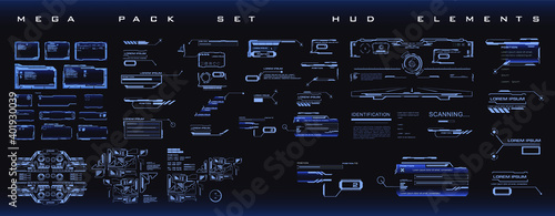 HUD elements set.Techno-frames, callouts, information blocks, elements of robotics. Cyber techno frame for HUD user interface. Information user interface