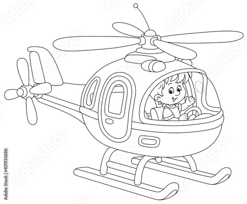 Happy little boy playing and piloting a big toy helicopter on a playground, black and white outline vector cartoon illustration for a coloring book page