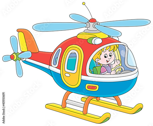 Happy little boy playing and piloting a big and colorful toy helicopter on a playground, vector cartoon illustration on a white background