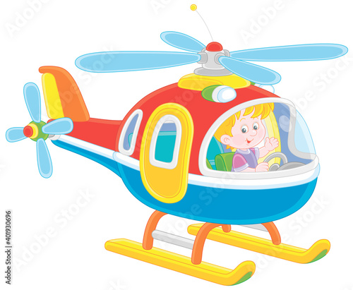 Happy little boy playing and piloting a big and colorful toy helicopter on a playground, vector cartoon illustration on a white background