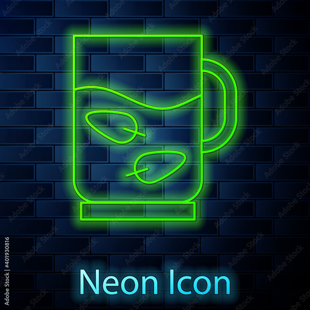 Glowing neon line Cup of tea and leaf icon isolated on brick wall background. Vector. Glowing neon line Cup of tea and leaf icon isolated on brick wall background. Vector.