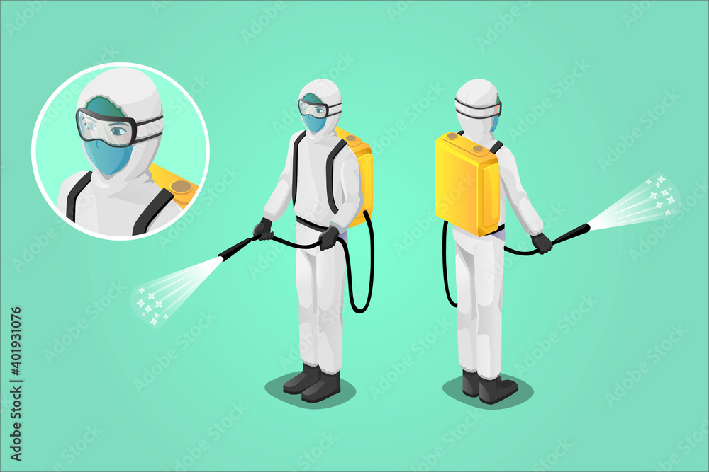 Isometric Illustration, Medical staff spraying disinfectant, fighting virus