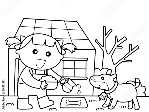 Little girl feed her dog in front of her house without color