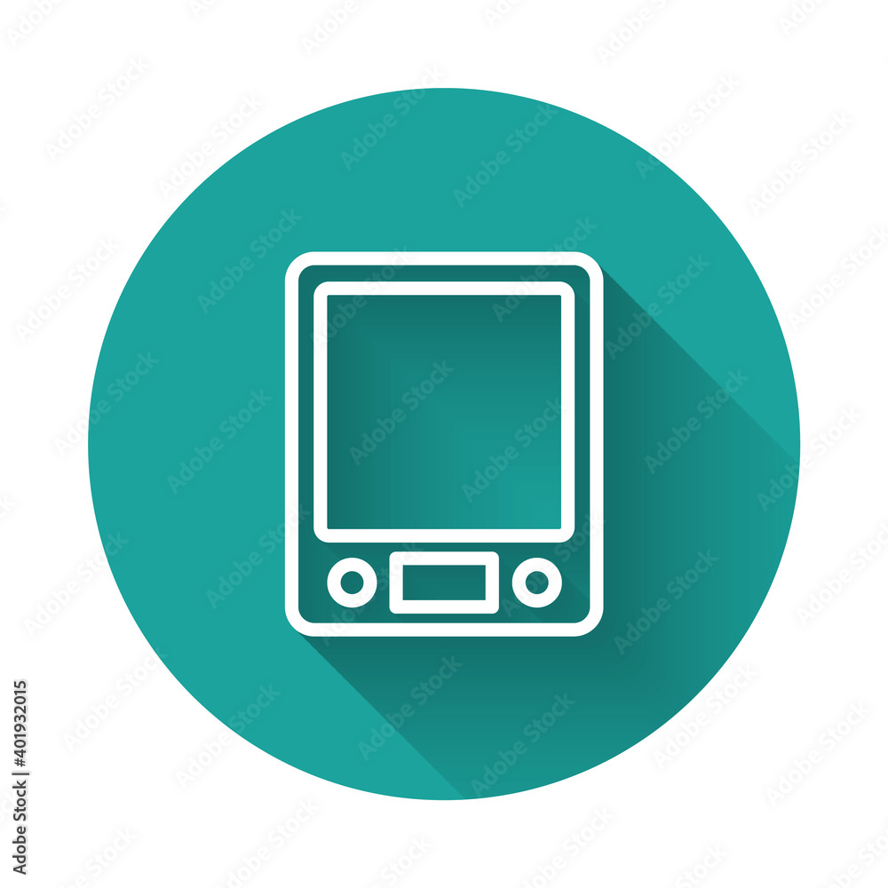 White line Electronic scales icon isolated with long shadow. Weight measure equipment. Green circle button. Vector. White line Electronic scales icon isolated with long shadow. Weight measure equipment. Green circle button. Vector.
