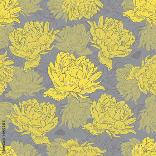 Yellow peonies seamless vector pattern. Ultimate Gray and Illuminating - colors of the year 2021. Pantone 17-5104 and 13-0647.
