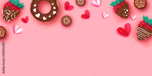 Love Strawberry and Chocolate, Donut. Valentines Day Greeting Card. Hearts paper cut style. Sweet dessert, choco candy. Happy Romantic holidays. Space for text. February 14. Pink.