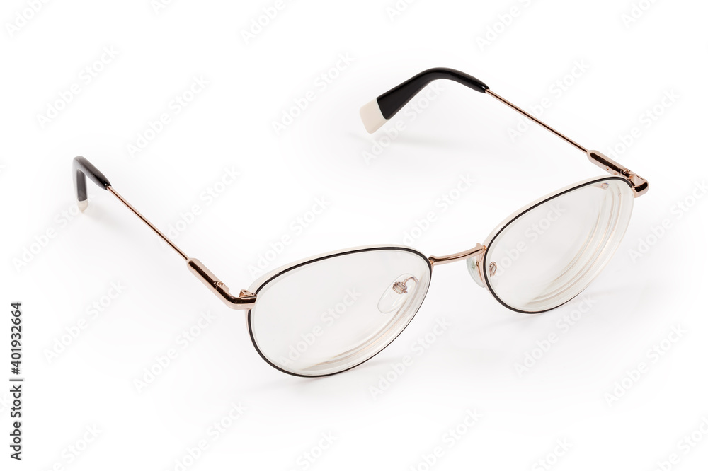 Modern women's eyeglasses in metal rim on white background Modern women's eyeglasses in metal rim on white background